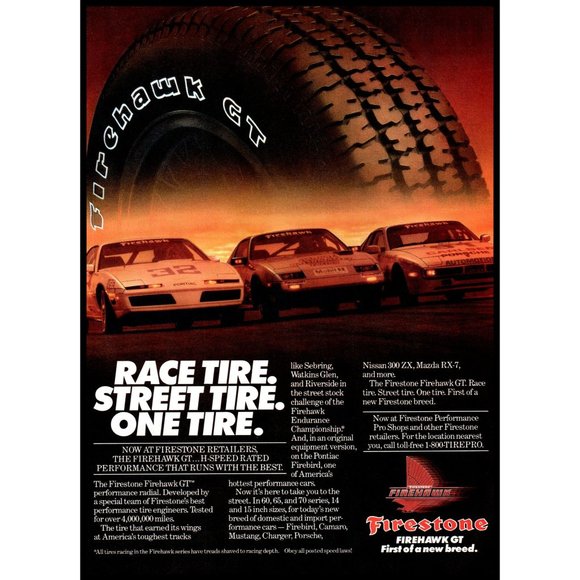 1986 Firestone Firehawk GT Tire Vintage Print Ad 300ZX Porsche 924S Wall Art - Picture 1 of 1